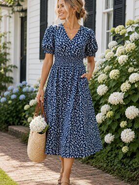J.Crew Factory Smocked Waist Puff Sleeve Midi Dress Blue Floral Cotton Size 4